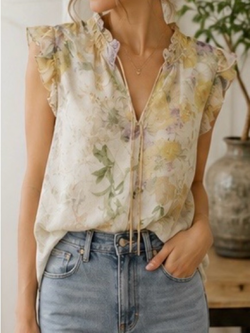 Sheer Floral Ruffle Sleeve Blouse Medium Romantic Cottagecore Boho
